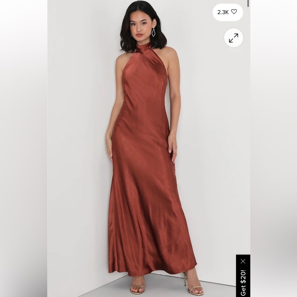 Lulus Love in Your Life Rust Brown Satin Halter Maxi Dress size XS NEW - Picture 2 of 10